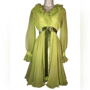 Vintage 60s/70s Miss Elliette Lime Green Chiffon Ruffle Party Dress Small
